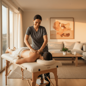 Professional massage therapist performing a back massage on a client lying on a portable massage table in a bright, modern living room. Natural light, clean and elegant setting, realistic photography style, warm tones.